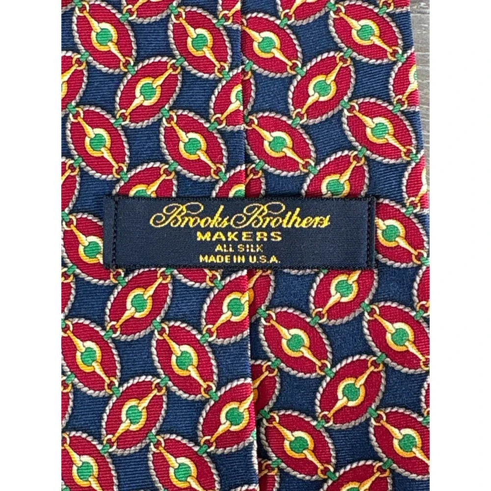 Brooks Brothers Makers Silk Tie Navy Red Gold Green Geometric Rope Link USA Made